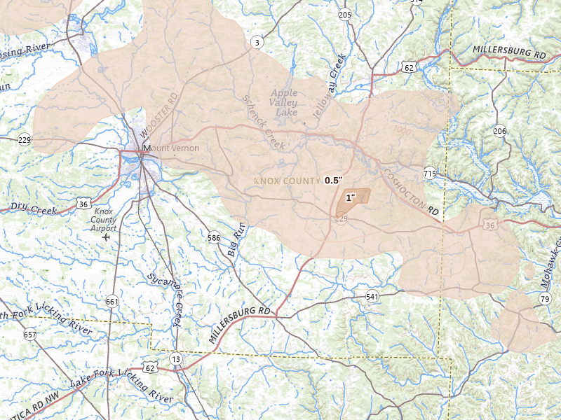 Radar-estimated hail-size map of the storm over Gambier, OH on Mar 26, 2026