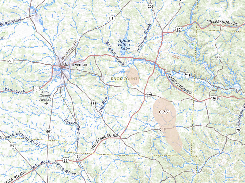 Radar-estimated hail-size map of the storm over Gambier, OH on Apr 22, 2026
