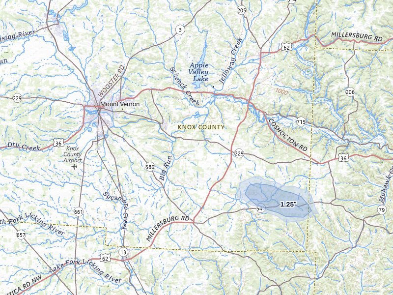 NEXRAD radar-signature map of the hail storm over Gambier, OH on Apr 22, 2026
