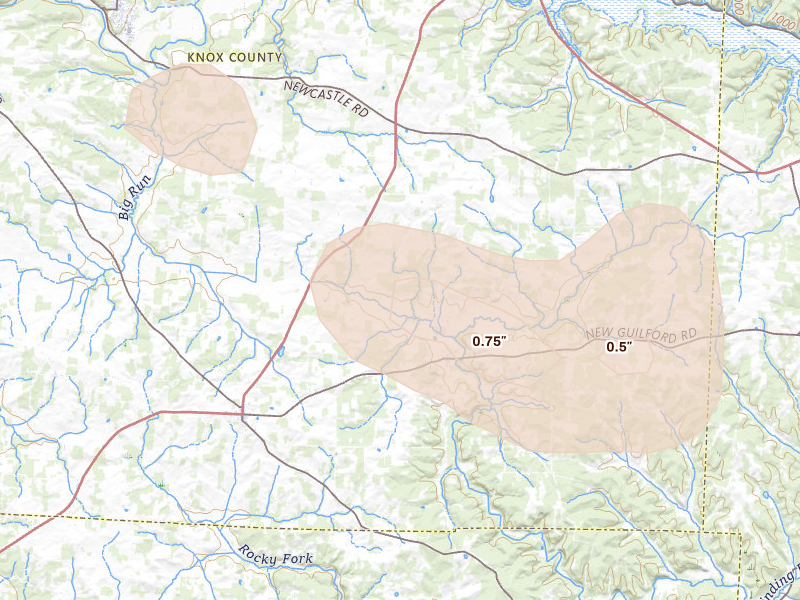 Radar-estimated hail-size map of the storm over Gambier, OH on Aug 11, 2026