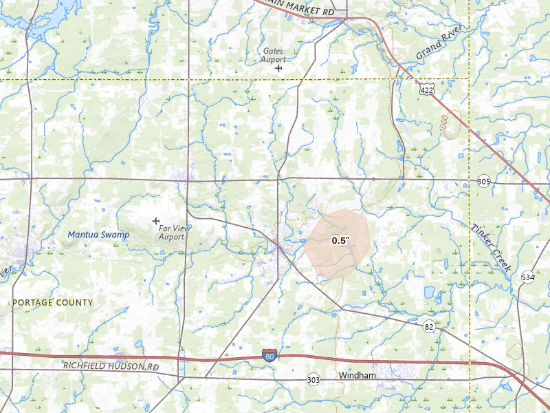Radar-estimated hail-size map of the storm over Garrettsville, OH on Jul 3, 2026