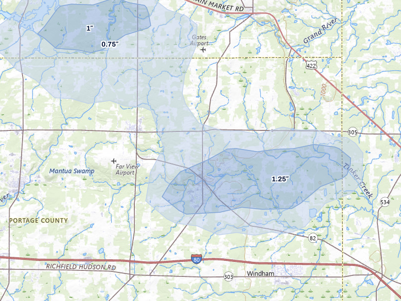 NEXRAD radar-signature map of the hail storm over Garrettsville, OH on Jul 3, 2026