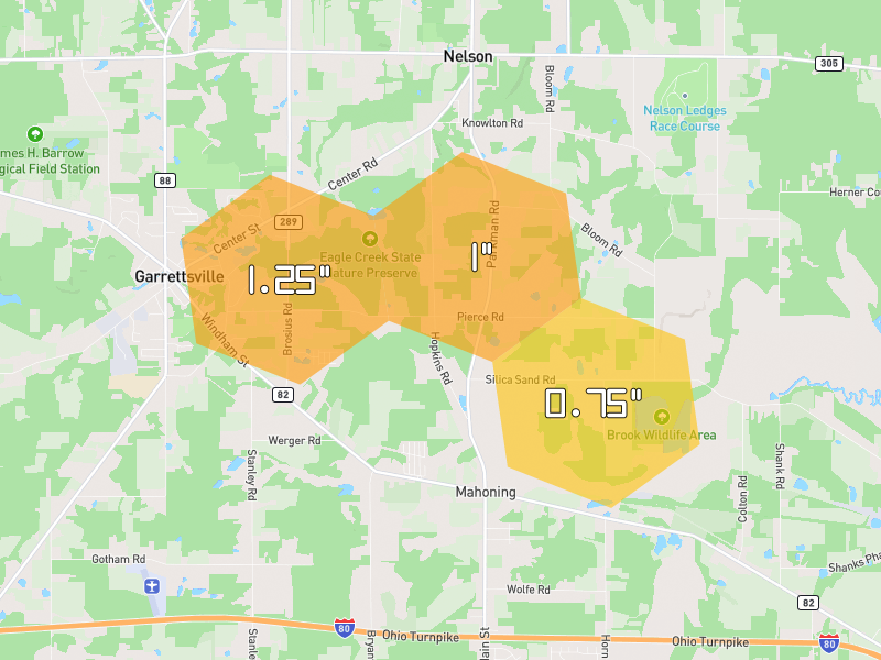 Hail map of Garrettsville, OH on Jul 4, 2026, hail up to 1.25"