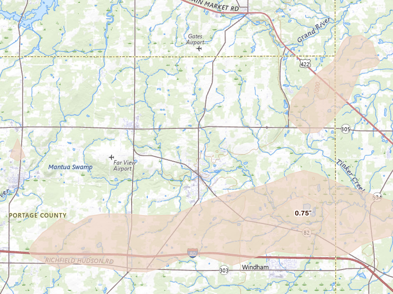 Radar-estimated hail-size map of the storm over Garrettsville, OH on Sep 2, 2026