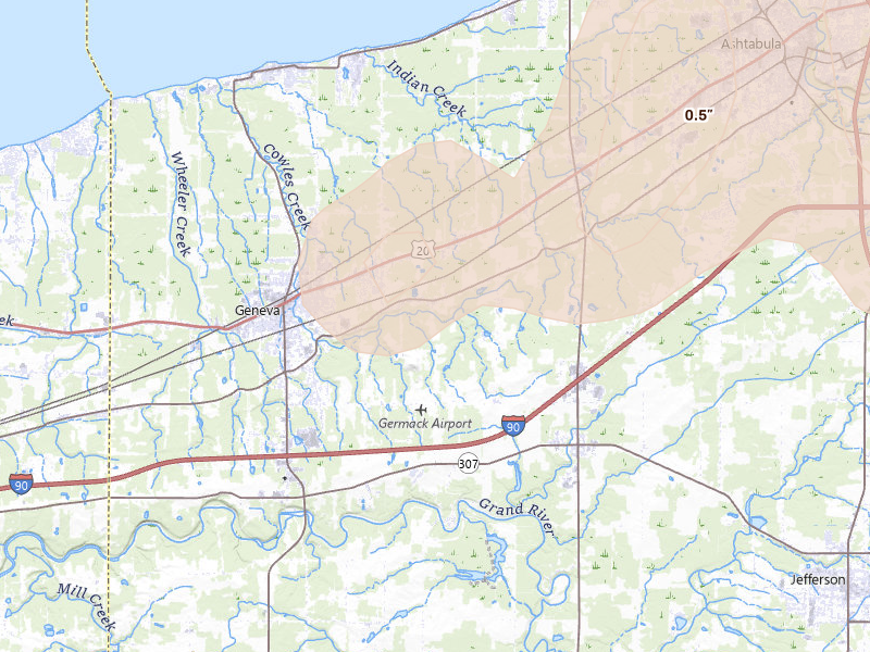 Radar-estimated hail-size map of the storm over Geneva, OH on Jun 14, 2026