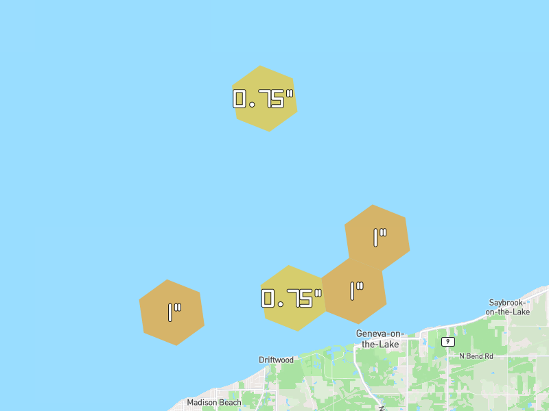 Hail map of Geneva, OH on Jul 21, 2026, hail up to 1"