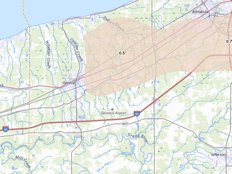 Radar-estimated hail-size map of the storm over Geneva, OH on Aug 10, 2026