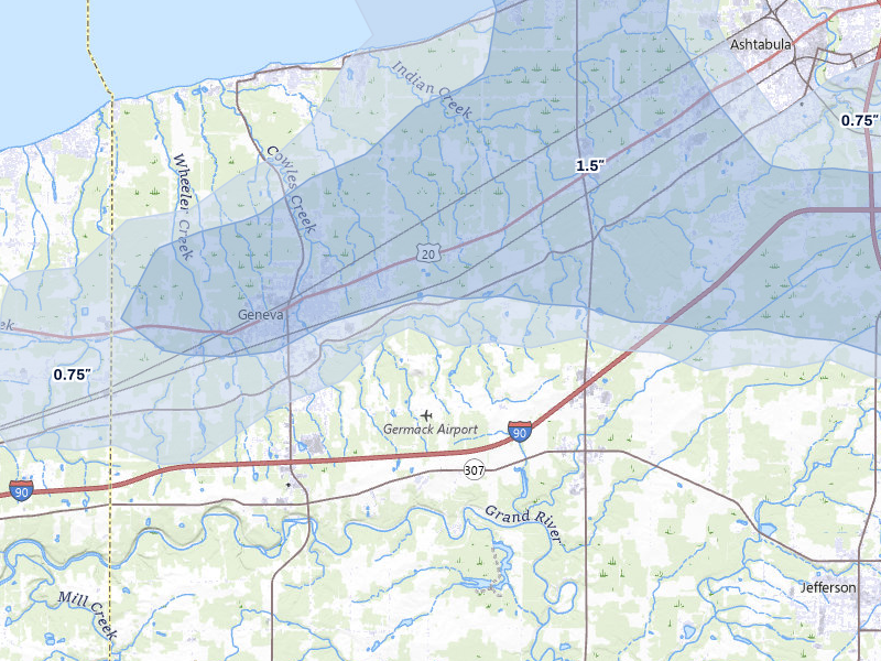 NEXRAD radar-signature map of the hail storm over Geneva, OH on Aug 10, 2026