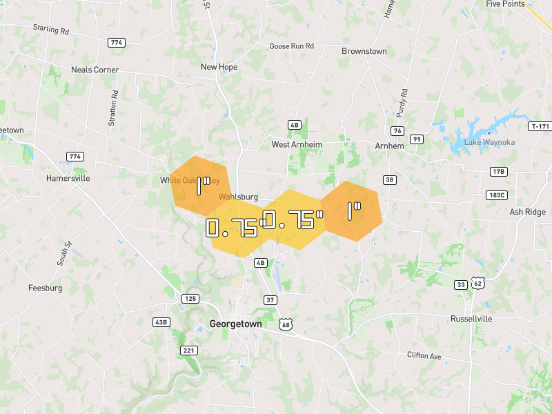 Hail map of Georgetown, OH on Jul 21, 2026, hail up to 1"