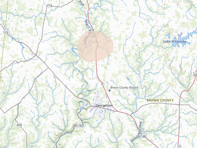 Radar-estimated hail-size map of the storm over Georgetown, OH on Aug 7, 2026