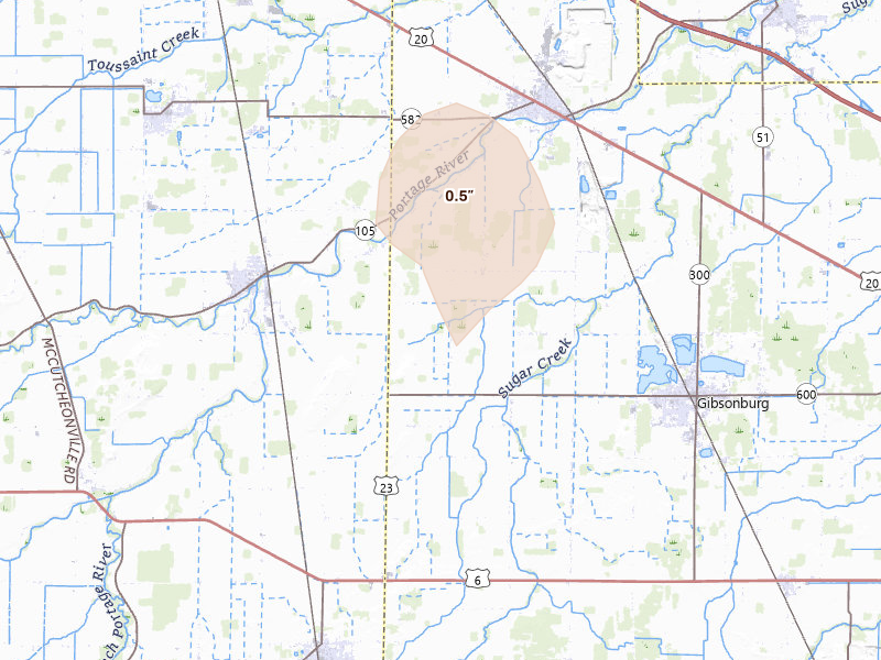 Radar-estimated hail-size map of the storm over Gibsonburg, OH on Apr 22, 2026