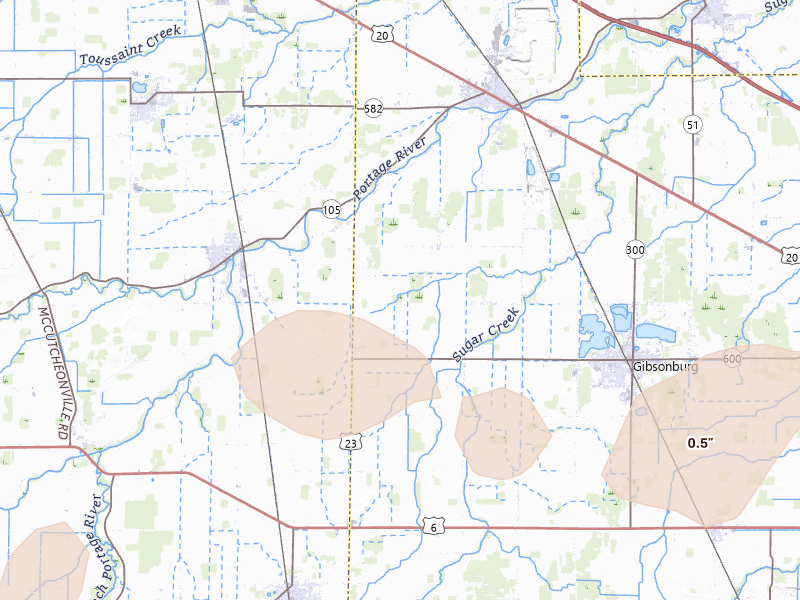 Radar-estimated hail-size map of the storm over Gibsonburg, OH on Jul 3, 2026