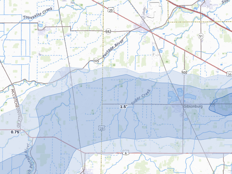 NEXRAD radar-signature map of the hail storm over Gibsonburg, OH on Jul 3, 2026