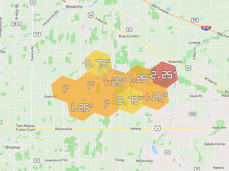 Hail map of Gibsonburg, OH on Jul 3, 2026, hail up to 2.25"