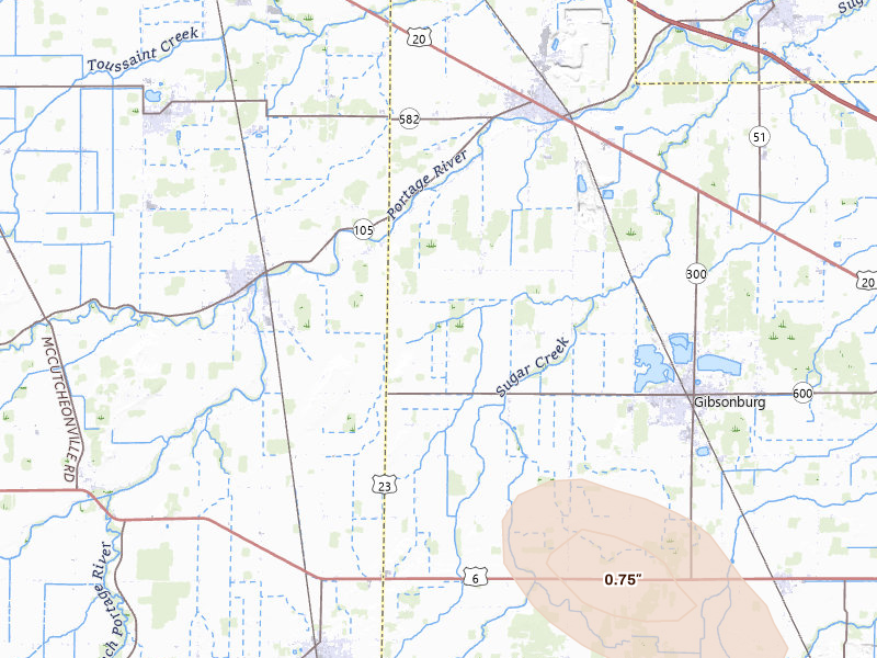 Radar-estimated hail-size map of the storm over Gibsonburg, OH on Jul 10, 2026