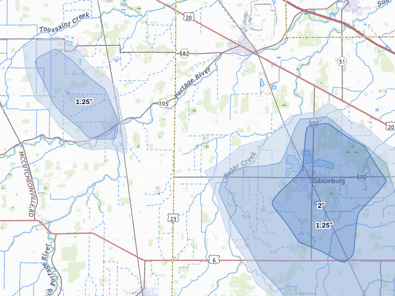 NEXRAD radar-signature map of the hail storm over Gibsonburg, OH on Jul 10, 2026