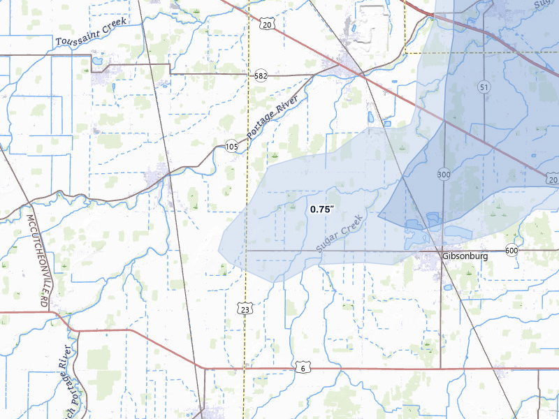 NEXRAD radar-signature map of the hail storm over Gibsonburg, OH on Jul 20, 2026