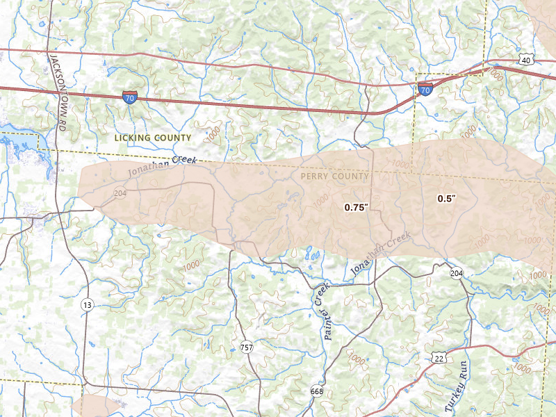 Radar-estimated hail-size map of the storm over Glenford, OH on Jul 21, 2026