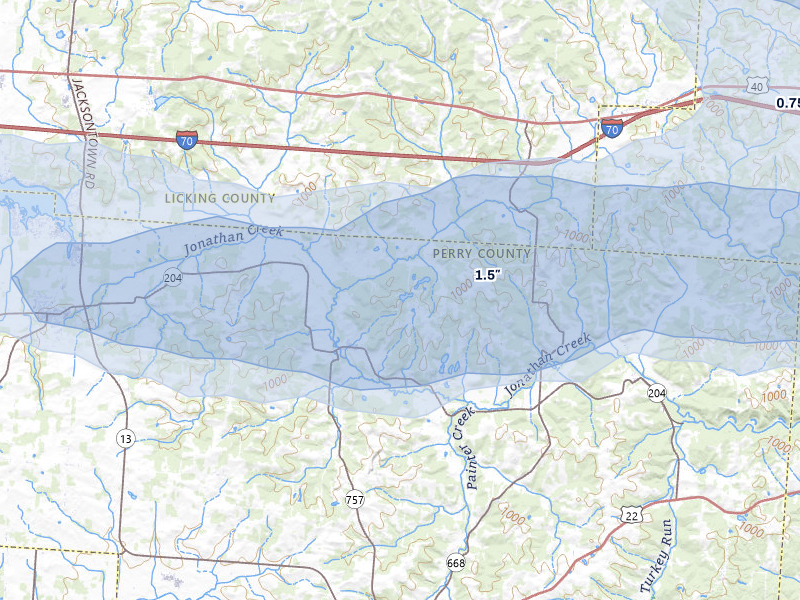 NEXRAD radar-signature map of the hail over Glenford, OH
