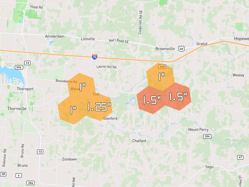 Hail map of Glenford, OH on Jul 21, 2026, hail up to 1.5"