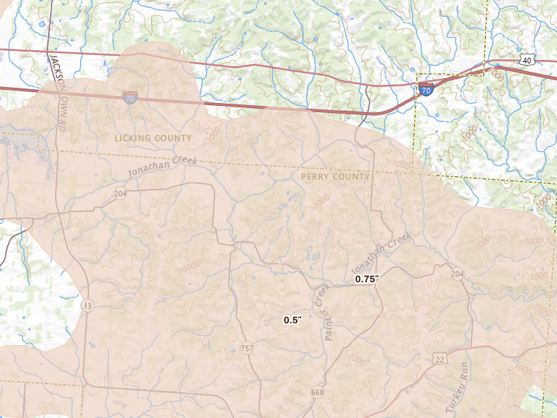Radar-estimated hail-size map of the storm over Glenford, OH on Aug 10, 2026