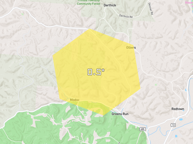 Hail map of Glouster, OH on Jul 21, 2026, hail up to 0.5"