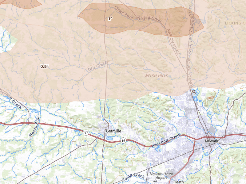 Radar-estimated hail-size map of the storm over Granville, OH on Mar 22, 2026