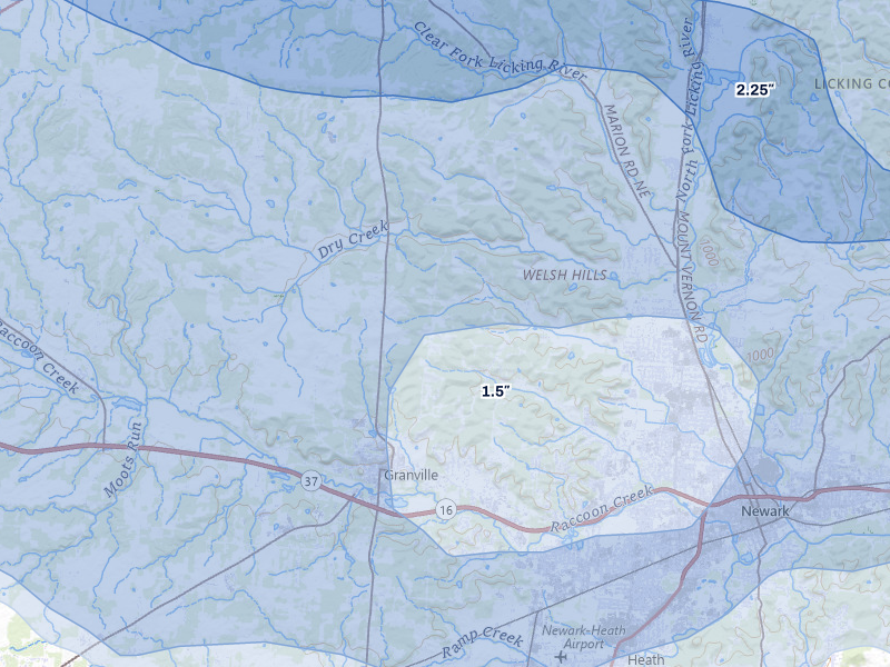 NEXRAD radar-signature map of the hail storm over Granville, OH on Mar 22, 2026