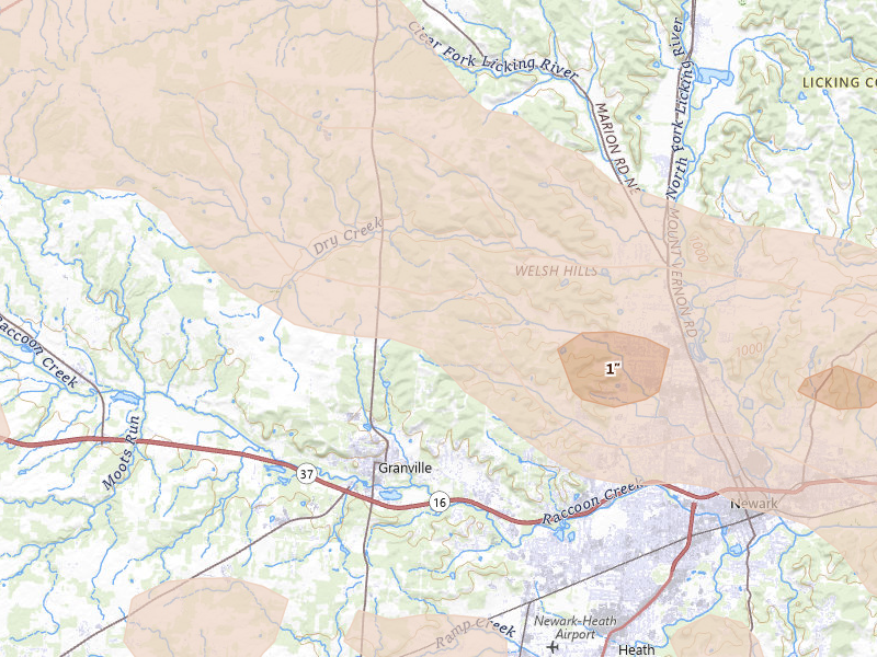 Radar-estimated hail-size map of the storm over Granville, OH on Jul 21, 2026