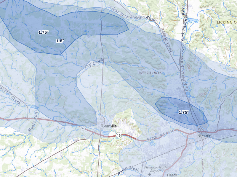 NEXRAD radar-signature map of the hail over Granville, OH