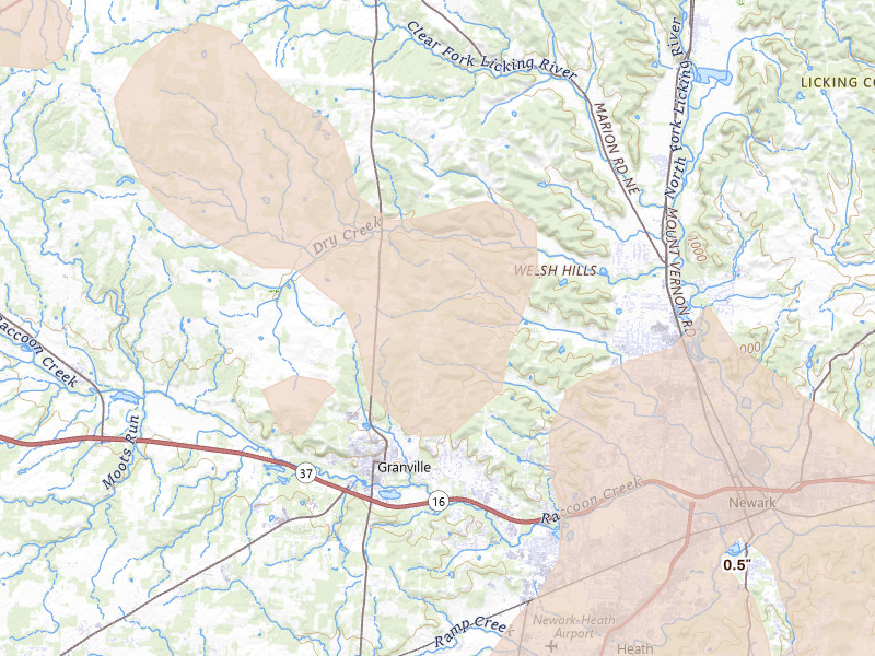 Radar-estimated hail-size map of the storm over Granville, OH on Aug 10, 2026