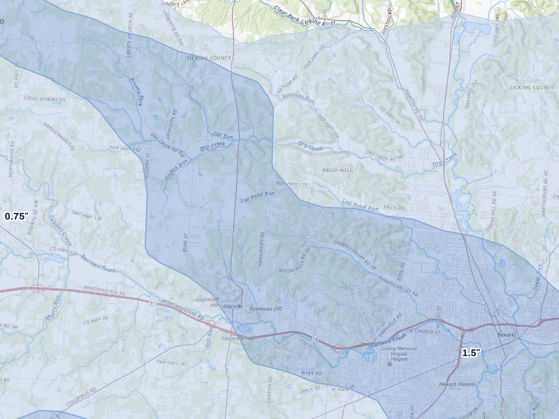 NEXRAD radar-signature map of the hail storm over Granville, OH on Aug 10, 2026