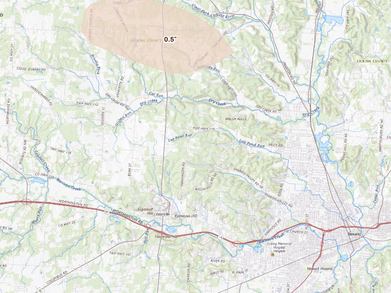 Radar-estimated hail-size map of the storm over Granville, OH on Sep 16, 2026
