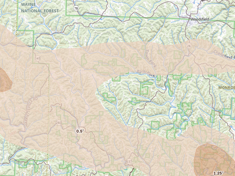 Radar-estimated hail-size map of the storm over Graysville, OH on Jul 21, 2026