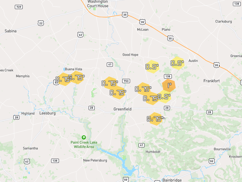 Hail map of Greenfield, OH on Jul 21, 2026, hail up to 1"