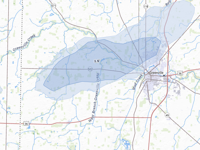 NEXRAD radar-signature map of the hail storm over Greenville, OH on May 16, 2026