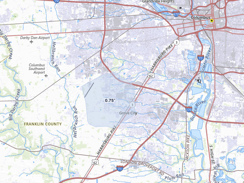 NEXRAD radar-signature map of the hail storm over Grove City, OH on Jul 27, 2026
