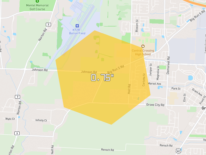 Hail map of Grove City, OH on Jul 28, 2026, hail up to 0.75"