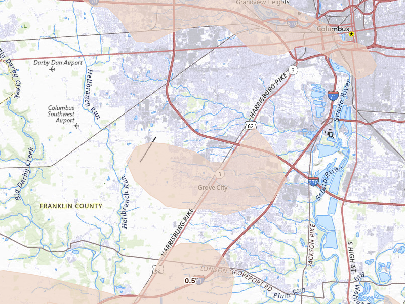 Radar-estimated hail-size map of the storm over Grove City, OH on Aug 10, 2026