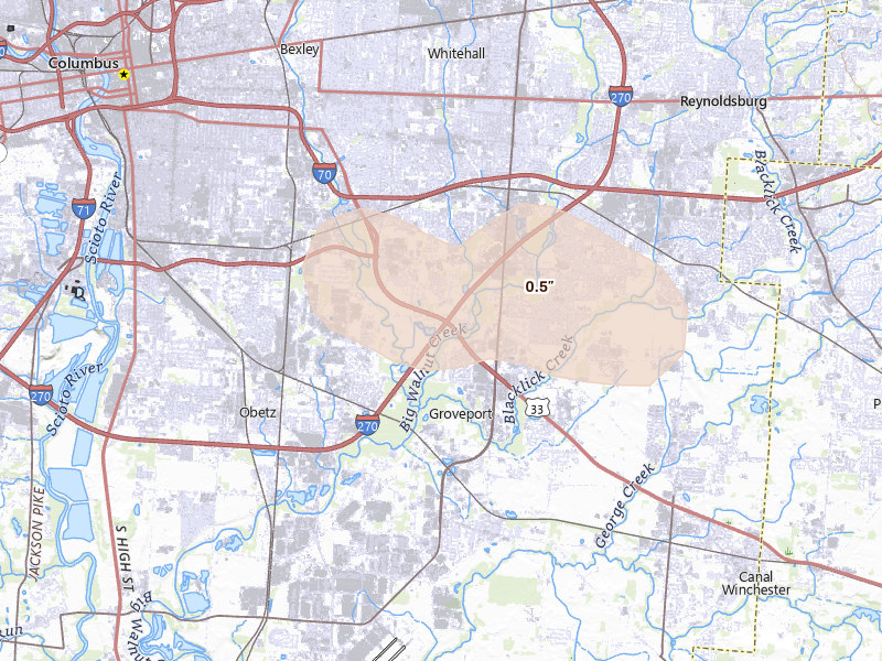 Radar-estimated hail-size map of the storm over Groveport, OH on Jun 6, 2026
