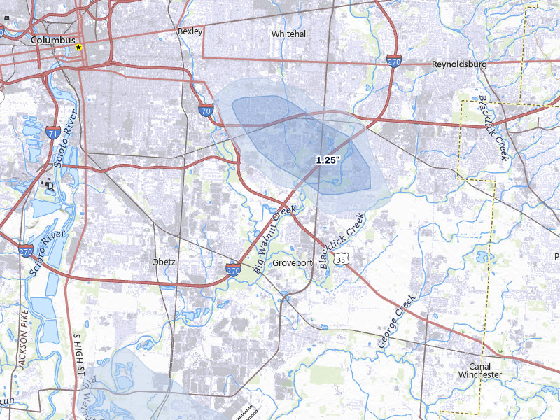 NEXRAD radar-signature map of the hail storm over Groveport, OH on Jun 6, 2026