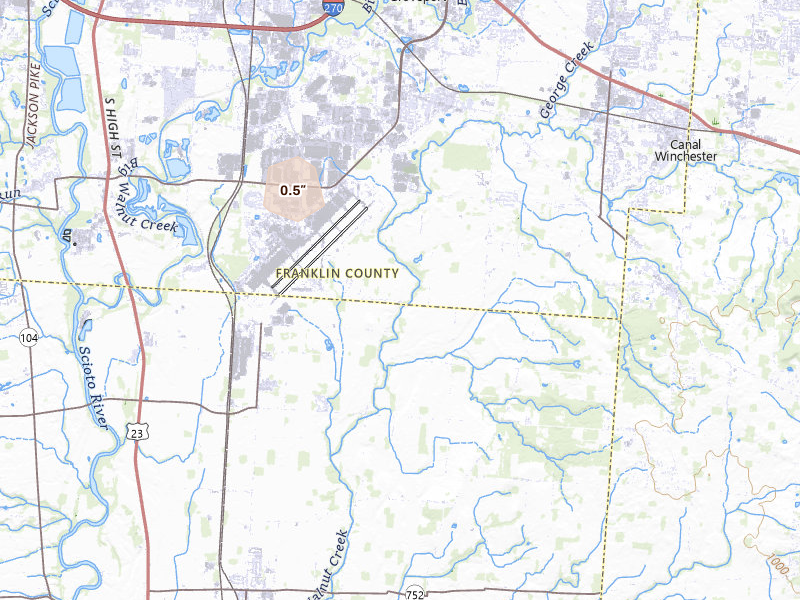 Radar-estimated hail-size map of the storm over Groveport, OH on Aug 9, 2026