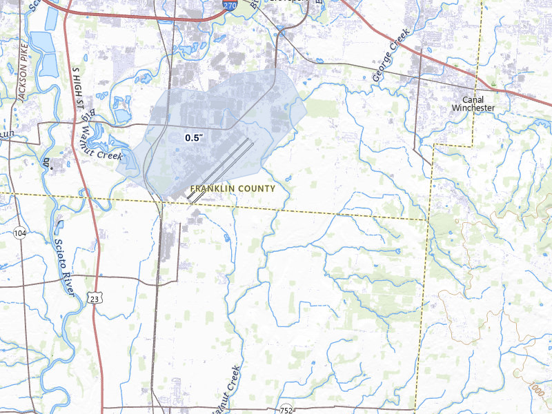 NEXRAD radar-signature map of the hail storm over Groveport, OH on Aug 9, 2026