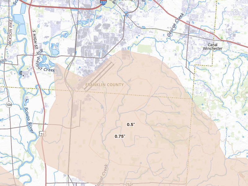 Radar-estimated hail-size map of the storm over Groveport, OH on Aug 10, 2026