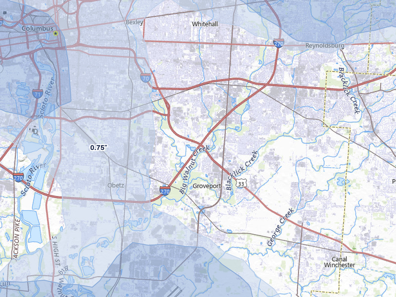 NEXRAD radar-signature map of the hail storm over Groveport, OH on Aug 10, 2026