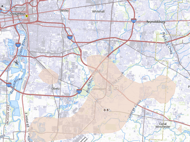 Radar-estimated hail-size map of the storm over Groveport, OH on Aug 11, 2026