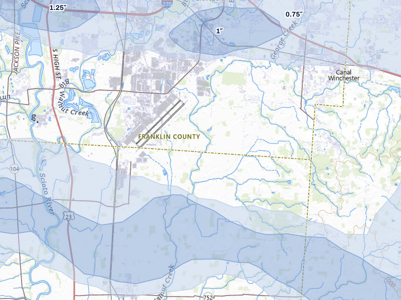 NEXRAD radar-signature map of the hail storm over Groveport, OH on Aug 11, 2026