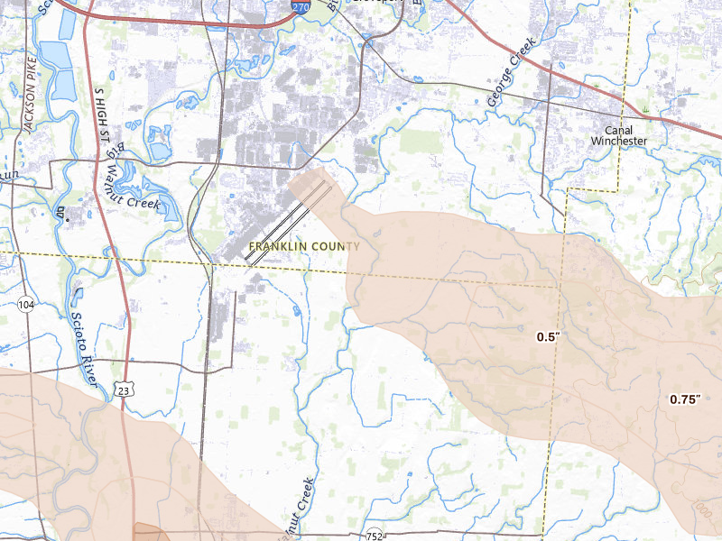 Radar-estimated hail-size map of the storm over Groveport, OH