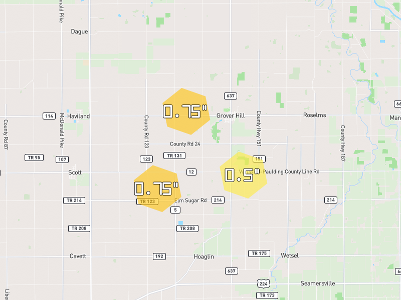 Hail map of Grover Hill, OH on Jun 6, 2026, hail up to 0.75"