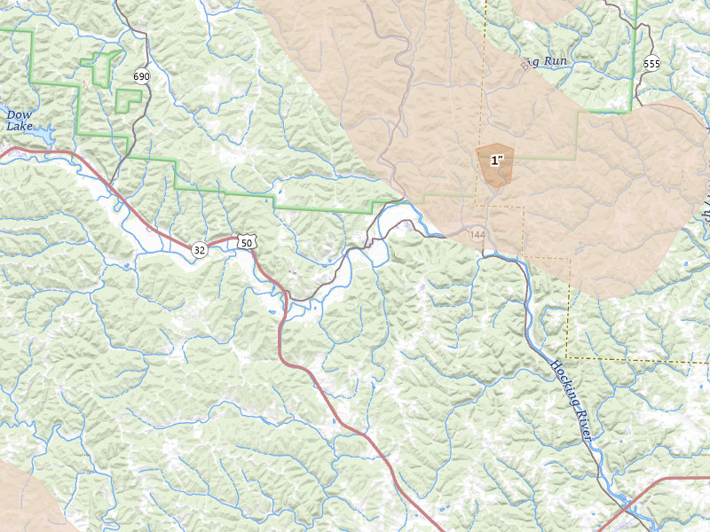 Radar-estimated hail-size map of the storm over Guysville, OH on Aug 10, 2026
